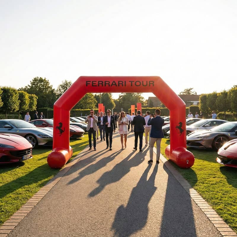 People walking under Ferrari inflatable archway at event