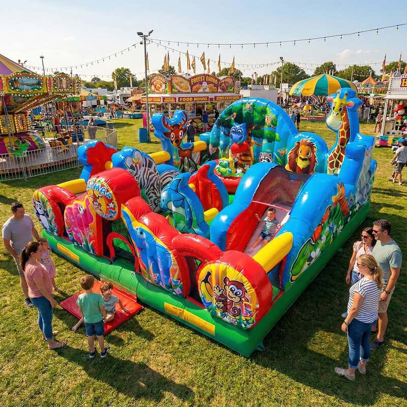Kids playing in jungle themed inflatable play pen