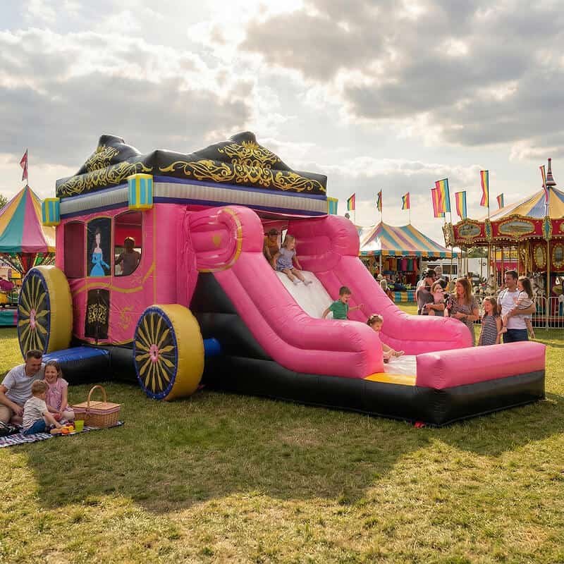 Kids in princess themed inflatable slide