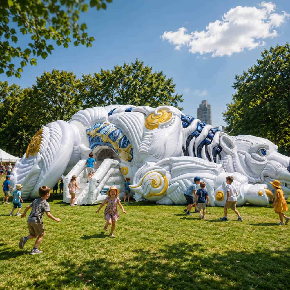 giant inflatable bear play pen in park