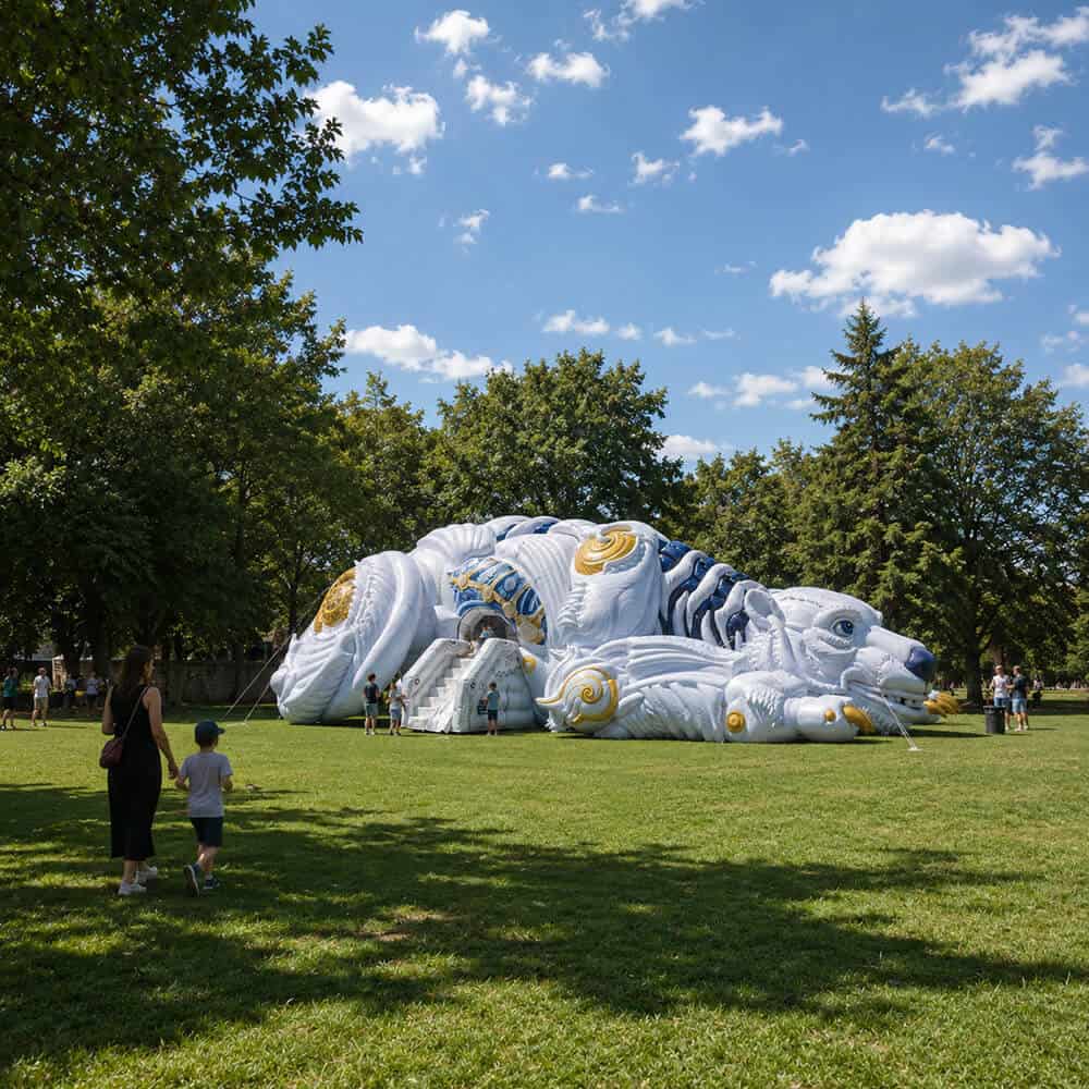 giant inflatable bear play pen in park